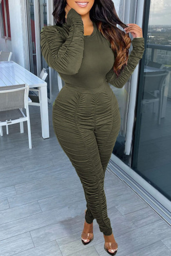 Army Green Casual Solid Patchwork Fold O Neck Long Sleeve Two Pieces