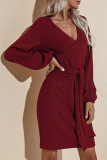 Бордовый Модный Элегантный Твердый Пэчворк Ремень Дизайн V-образным Вырезом Юбка-Карандаш Платья