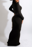 Vestidos de falda de un paso con cuello en V y retazos lisos sexy negros (sin cinturón)