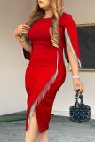 Красное модное повседневное платье в стиле пэчворк с кисточками и круглым вырезом неправильной формы