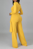 Yellow Casual Solid Patchwork Asymmetrical V Neck Long Sleeve Two Pieces