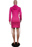 ピンク ファッション プリント クリスマス ツリー プリント包帯ポケット フード付き襟ワン ステップ スカート ドレス