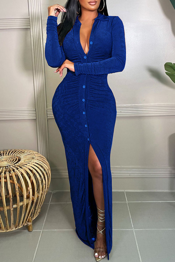 ブルー セクシー ソリッド パッチワーク バックル ターンダウン カラー ワンステップ スカート ドレス