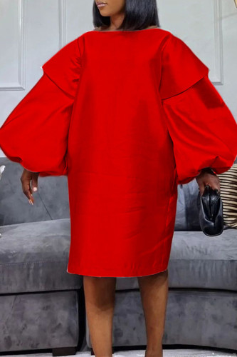Красные модные повседневные однотонные базовые платья с круглым вырезом и длинными рукавами
