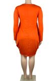 Orangefarbenes, lässiges Patchwork-Kleid mit U-Ausschnitt und langen Ärmeln in Übergröße