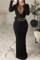 Black Sexy Solid Split Joint V Neck One Step Skirt Dresses(Without Belt)