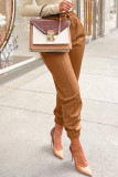 Brown Casual Solid Patchwork Fold Regular High Waist Pencil Solid Color Bottoms