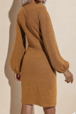 Yellow Brown Fashion Elegant Solid Patchwork Strap Design V Neck Pencil Skirt Dresses