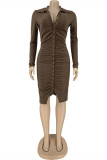Brown Fashion Casual Solid Fold Turndown-Kragen-Langarm-Kleider