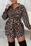 Estampa de leopardo Sexy Estampa Leopard Patchwork Fivela Turndown Collar Camisa Vestidos