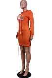 Orange Fashion Print Santa Claus Bandage Pocket Hooded Collar One Step Skirt Dresses