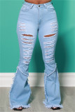 Babyblaue, modische, lässige, solide, zerrissene Patchwork-Jeans in Übergröße