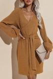 Gelb Braun Fashion Elegant Solid Patchwork Strap Design V-Ausschnitt Bleistiftrock Kleider