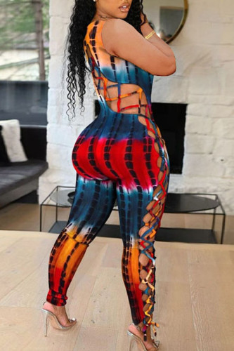Multicolor Fashion Sexy Print Bandage Hollowed Out U Neck Skinny Jumpsuits