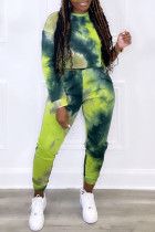Groene Casual Print Tie Dye Patchwork O Neck Plus Size Two Pieces