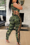 Multicolor Fashion Sexy Print Bandage Hollowed Out U Neck Skinny Jumpsuits