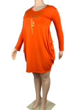 Vestidos casuais laranja estampado patchwork gola em U manga comprida plus size