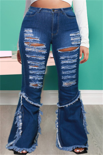 Azul Escuro Moda Casual Sólido Retalhos Rasgados Plus Size Jeans