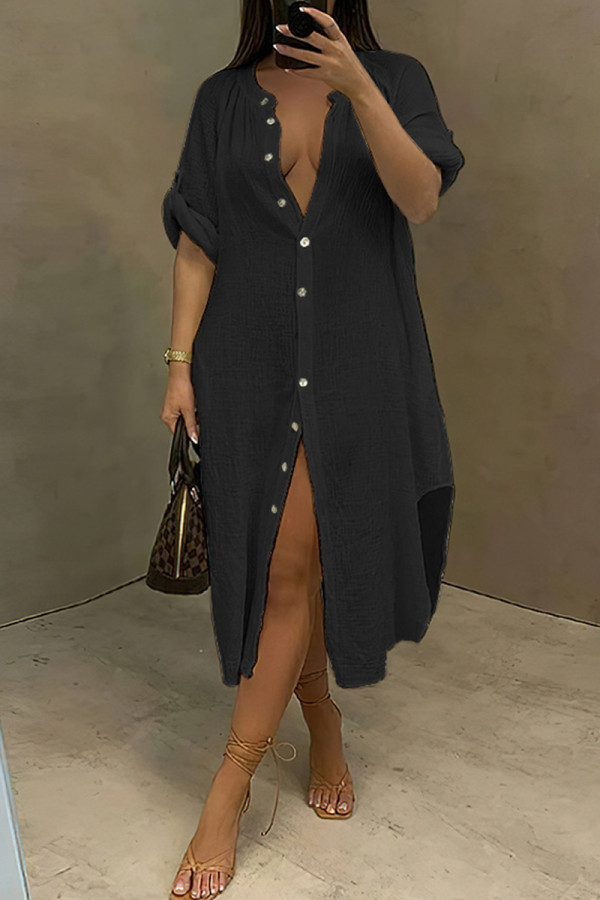 ブラックファッションカジュアルソリッドパッチワークターンダウンカラー長袖ドレス