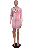 ローズレッドファッションプリントサンタクロースバンデージポケットフード付きカラーワンステップスカートドレス