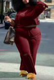 Burgundy Casual Solid Ripped Patchwork O Neck Plus Size Two Pieces