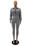 Grey Fashion Casual Solid Fold Zipper Collar Long Sleeve Two Pieces