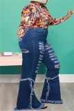Mörkblå Mode Casual Solid Ripped Patchwork Plus Size Jeans