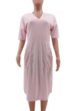 Pink Fashion Casual Solid Basic V Neck Short Sleeve Dress