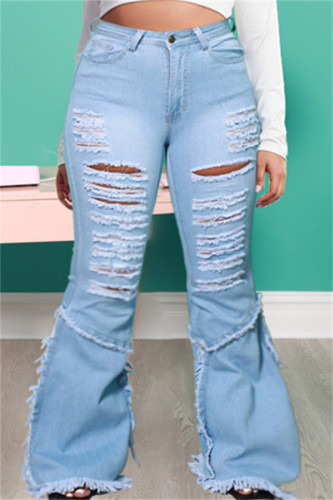 Babyblauwe mode-casual, effen gescheurde patchwork-jeans in grote maten