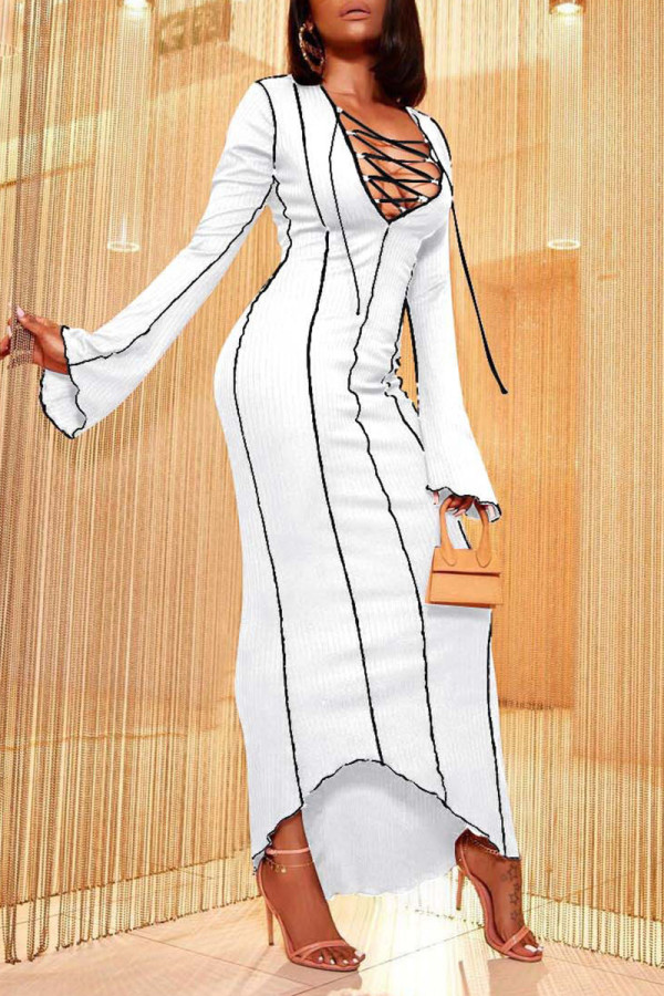 Vestidos de falda de un paso con cuello en V asimétrico de patchwork sólido sexy blanco