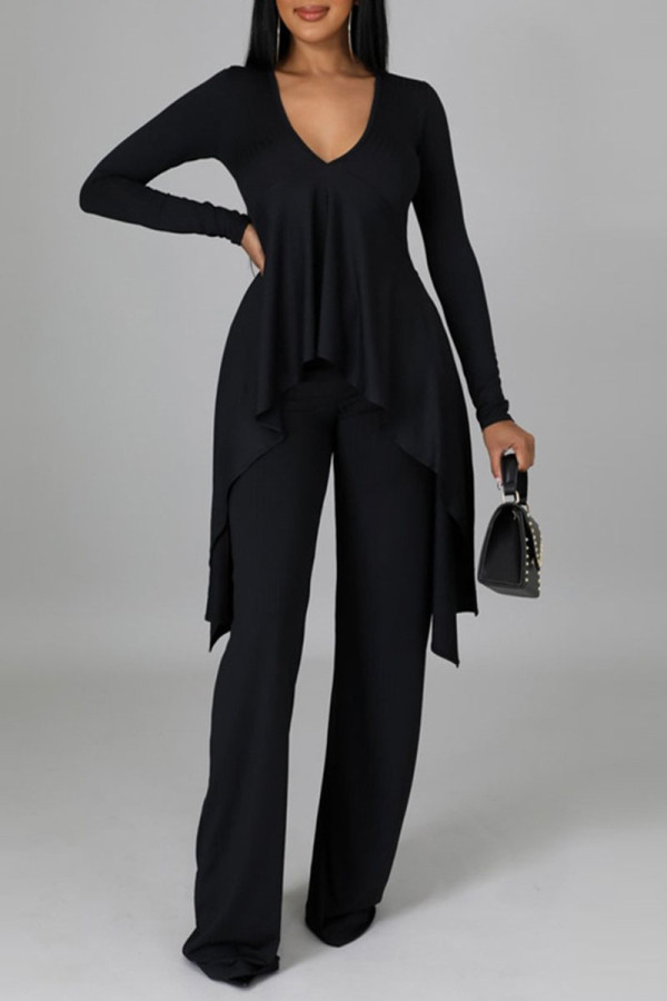 Black Casual Solid Patchwork Asymmetrical V Neck Long Sleeve Two Pieces