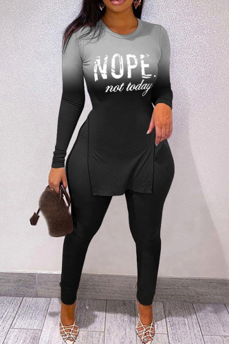 Black Casual Letter Print Patchwork Slit O Neck Long Sleeve Two Pieces