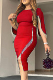 Rotes, modisches, lässiges Patchwork-Quasten-O-Ausschnitt, unregelmäßiges Kleid