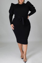 Черные модные повседневные однотонные платья с поясом и круглым вырезом с длинным рукавом, платья больших размеров