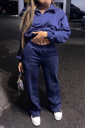 Blue Sportswear Solid Patchwork Turndown Collar Long Sleeve Two Pieces