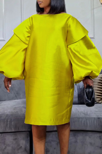 Желтые модные повседневные однотонные базовые платья с круглым вырезом и длинными рукавами
