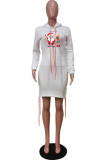 ホワイトファッションプリントサンタクロースバンデージポケットフード付きカラーワンステップスカートドレス