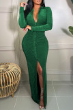Green Sexy Solid Patchwork Buckle Turndown Collar One Step Skirt Dresses
