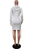 ホワイトファッションプリントクリスマスツリープリント包帯ポケットフード付き襟ワンステップスカートドレス