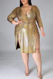 Vestidos de talla grande con falda de un paso con cuello en V y abertura en patchwork con estampado sexy dorado