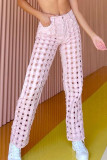 Розовые уличные однотонные рваные прямые джинсовые джинсы в стиле «старый пэчворк» с высокой талией