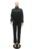 Black Sportswear Solid Patchwork Turndown Collar Long Sleeve Two Pieces