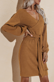 イエローブラウンファッションエレガントなソリッドパッチワークストラップデザインVネックペンシルスカートドレス