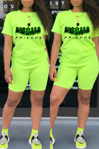 Fluorescent Green Fashion Casual Print Basic O Neck Long Sleeve Two Pieces
