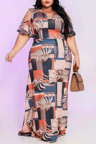 Multicolor Fashion Casual Plus Size Print Hollowed Out O Neck Short Sleeve Dress