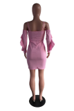 Pink Fashion Sexy Spaghetti Strap Long Sleeves One word collar Slim Dress skirt Patchwork ruffle Club Dr