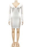 ホワイトセクシーなソリッドパッチワークホットドリルVネックワンステップスカートドレス
