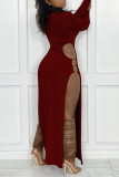 Burgundy Sexy Solid Hollowed Out Patchwork Metal Accessories Decoration Slit O Neck Straight Dresses