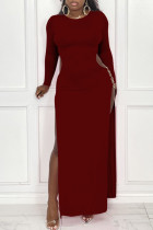 Burgundy Sexy Solid Hollowed Out Split Joint Metal Accessories Decoration Slit O Neck Straight Dresses