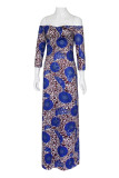 Blauwe mode casual plus size print basic off-shoulder lange jurk